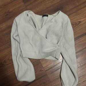 Cream Ribbed Wrap Crop Top